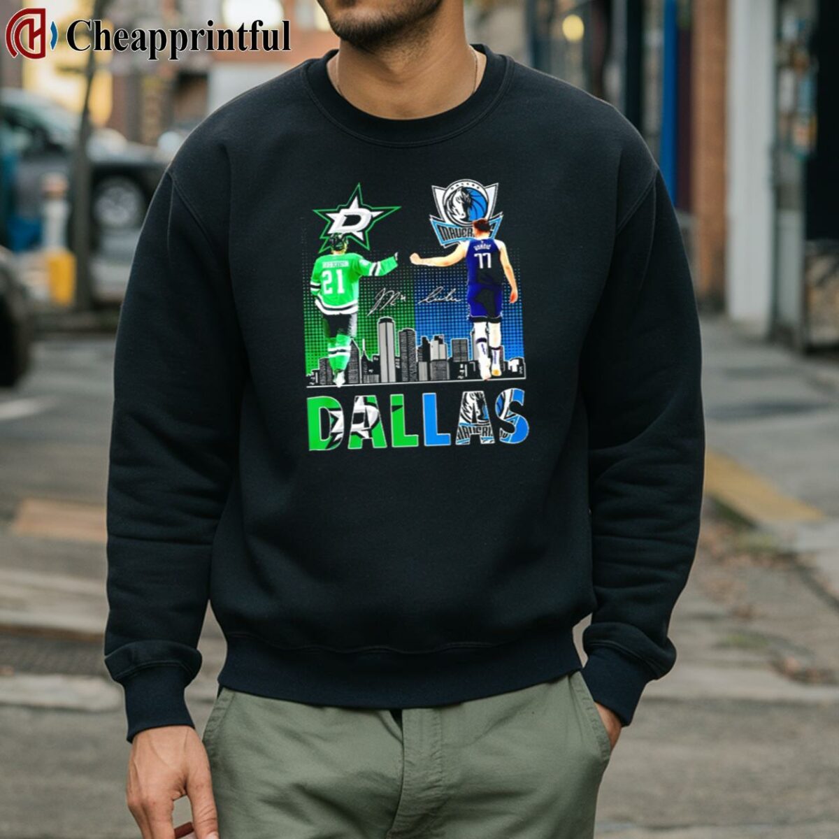 Dallas Stars Jason Robertson And Dallas Mavericks Nikola Jokic Dallas Skyline Signatures Shirt 5 sweatshirt